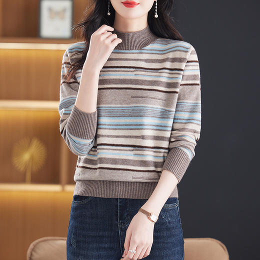 CC-13-6610条纹毛衣女款2024新款冬季时尚针织小衫半高领内搭宽松打底衫秋冬 商品图1