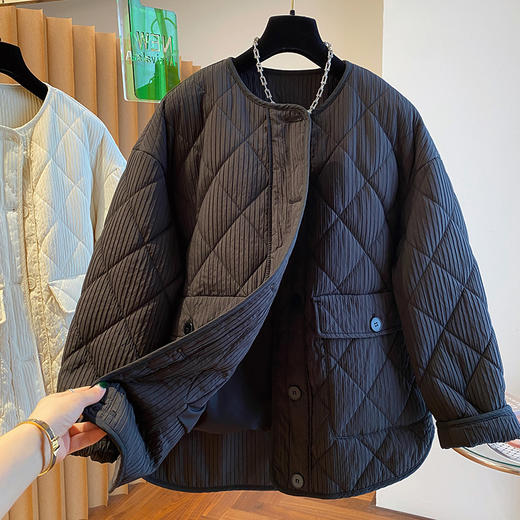 雀说 新款休闲无领菱形格棉服女冬季简单设计感圆领棉衣外套4ZF-62569 商品图2