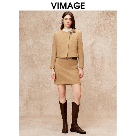 VIMAGE纬漫纪100%绵羊毛气质圆领通勤复古短款外套冬季新款V2203828 商品图1