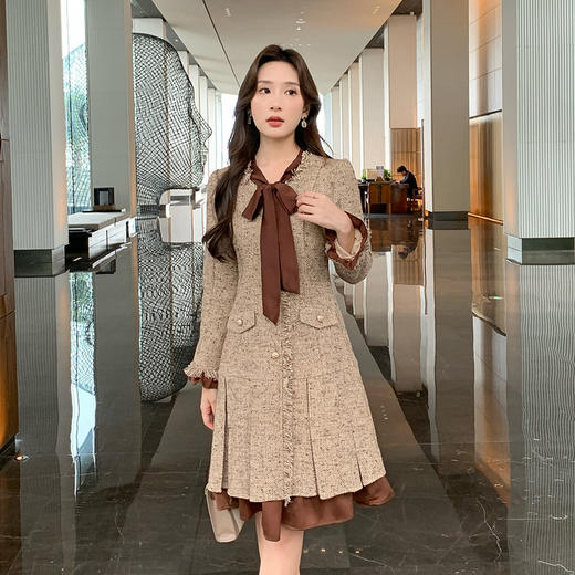 奢姿2025年秋季新款大码女装复古拼接裙子胖妹妹气质粗花呢连衣裙9944863230 商品图4