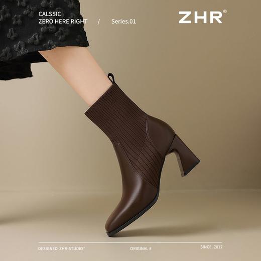 ZHR针织气质短靴美拉德弹力瘦瘦靴女小个子方头马丁靴飞织粗跟靴 商品图8