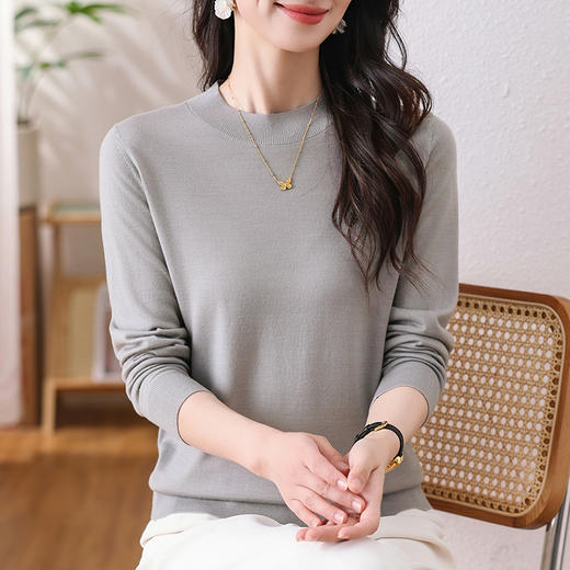 48针精纺超细纯羊毛可机洗羊毛衫女薄款时尚半高领套头长袖毛衣 商品图0