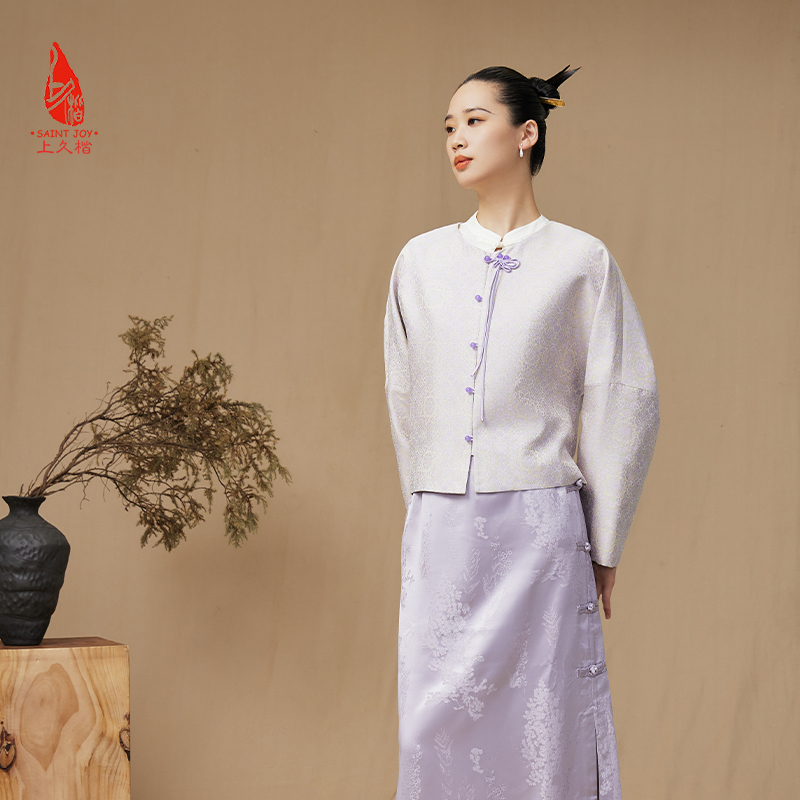 SAINTJOY/上久楷 女式宋锦外套 中式上衣 中国风 复古 绿地团花纹氈罽 CY1024207018