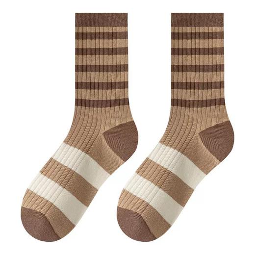 「9.9到手5双！美拉德色系」女中筒袜条纹拼色子ins好搭简约秋冬季学院风棕色长袜配饰 商品图4