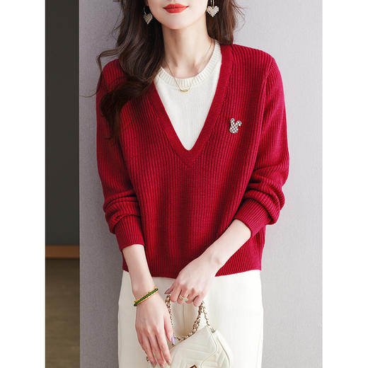 CC-27-24199假两件撞色圆领毛衣女秋冬外穿2024新款好看短款内搭针织打底衫 商品图2