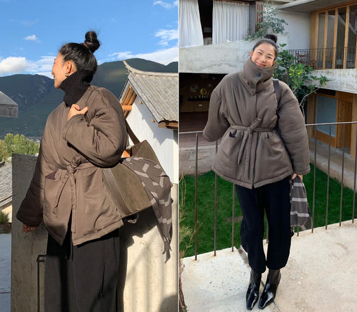 HIDEMI 极简设计感可拆卸围巾加厚款腰带廓形中短款棉服大衣外套 商品图3