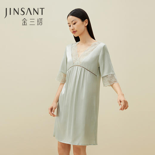 金三塔真丝睡裙女蕾丝短袖100%桑蚕丝性感可外穿睡衣家居服   YSFBA323（限价款） 商品图0