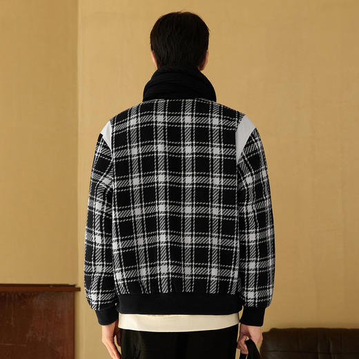 gxgjeans男装冬季黑白格子夹克棒球服保暖夹棉夹克外套男棉服 商品图2