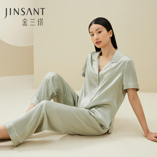 丝滑凉感】金三塔真丝睡衣100%桑蚕丝宽松短袖长裤丝绸睡衣家居服   8YSF7B412（限价款） 商品图0