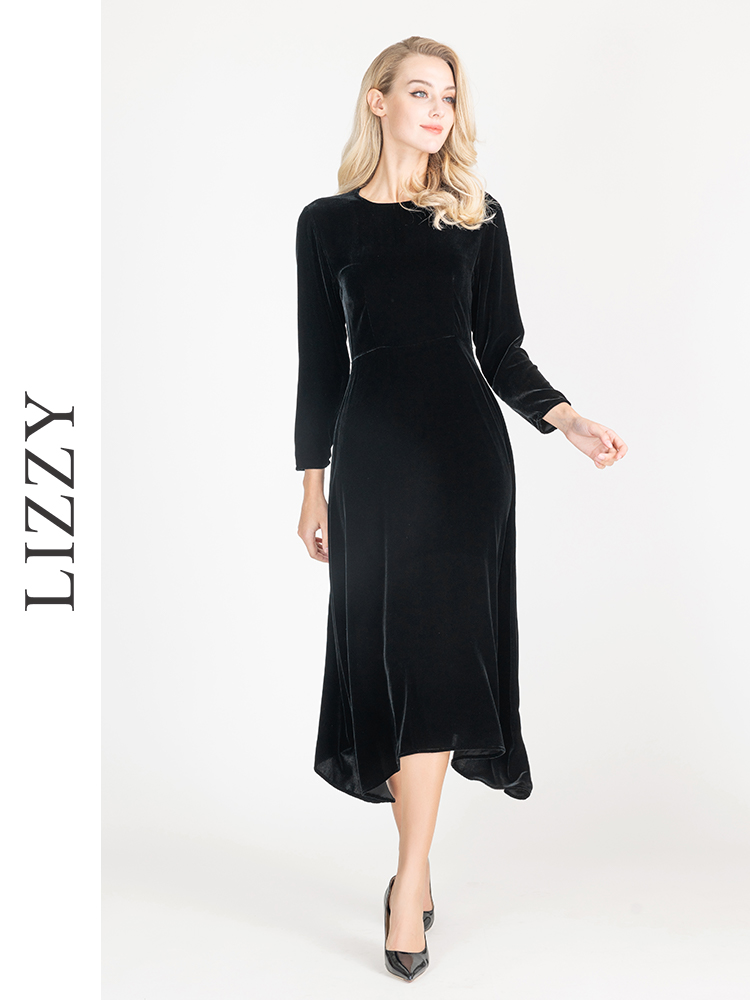 LIZZY 早秋高级优雅丝绒气质收腰显瘦圆领长袖不规则A摆经典小黑裙7960