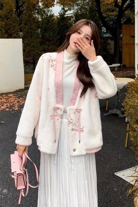 ELLA JADE 中式盘扣拼接领仿水貂外套 19476