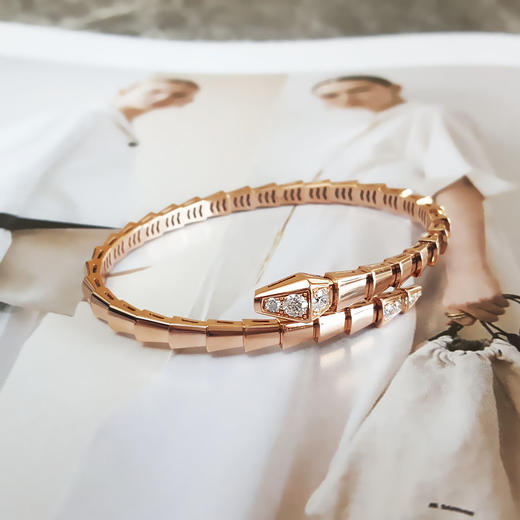 【95新】BVLGARI宝格丽Serpenti Viper系列BR860038 18K玫瑰金头尾钻蛇骨手镯M号中性款现售价：55300！051124NJS23 商品图2