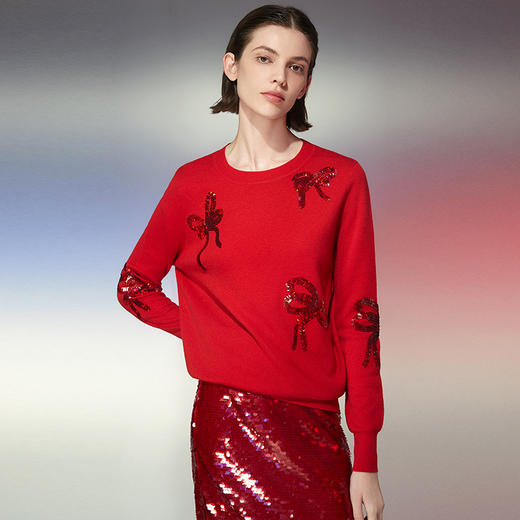 EITIE爱特爱春季新款显瘦舒适套头亮片刺绣针织衫7701404 商品图3