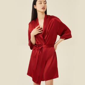 金三塔100%桑蚕丝时尚简约 丝滑 婚庆红色晨袍睡袍女士家居服  YSFCC101+YSFAA317（限价款）