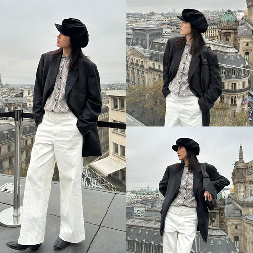 HIDEMI 进口澳洲美利奴羊毛经典几何手绘系列图形花纱拼色polo小翻领毛织外套 棕橘拼色/灰蓝拼色 商品图2