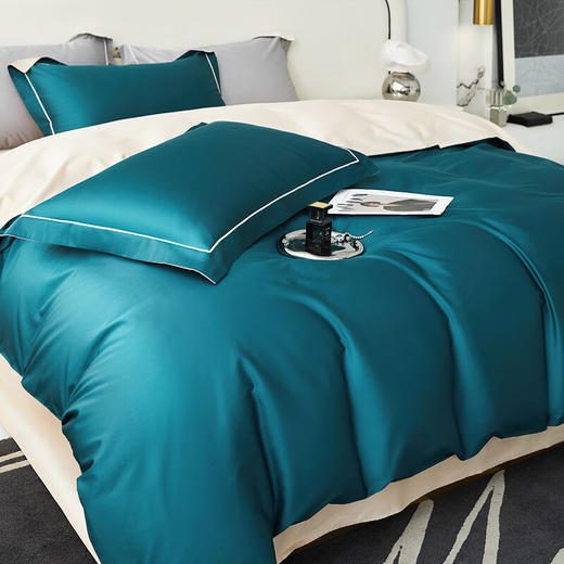 莱生活  全棉贡缎四件套-孔雀蓝/银空灰  200*230cm 商品图1