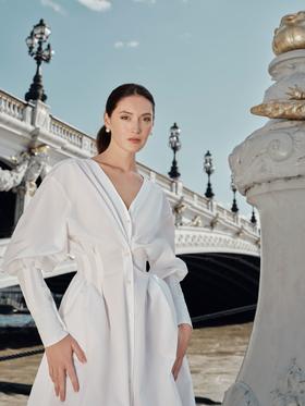 MaisonQiXin CC190215 压褶收腰伞摆V领衬衫裙