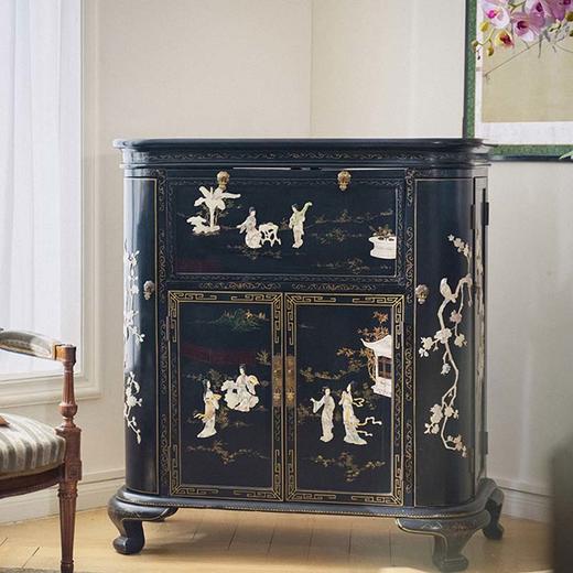 【已售】独角鹿西洋古董 20世纪中国出品侍女图主题黑漆描金百宝嵌多功能酒柜 商品图0