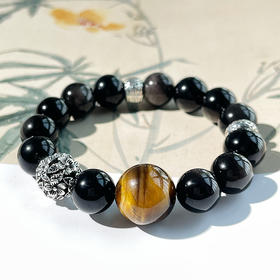 黑耀石手链，配珠金虎眼.珠径12