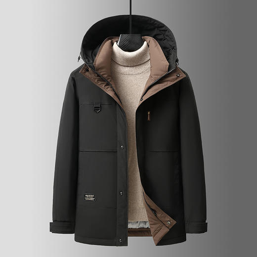半身缘男装 冬季门襟下摆撞色防风保暖中长款连帽羽绒服2359 商品图2