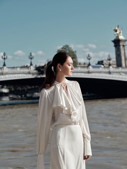 MaisonQiXin CS1037 法式复古设计感荷叶边真丝衬衫  J240521 真丝手工打褶大裙摆礼服半裙 商品图0