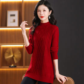 CC-101-31739中长款厚款毛衣女2024秋冬新款半高领羊毛针织内搭毛衣裙女