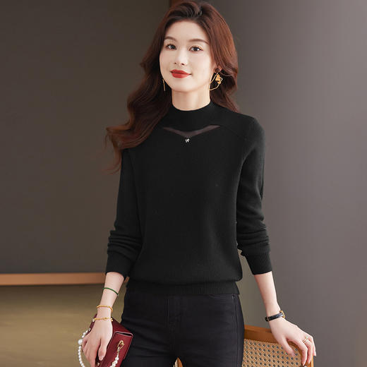 CC-MY-9332女士一体绒打底衫秋冬季新款加绒厚款半高领网纱洋气毛衣 商品图3