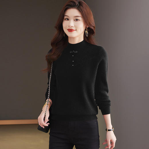 CC-MY-9333一体绒厚款打底衫女加绒冬季新款半高领钉珠中式盘扣毛衣 商品图3