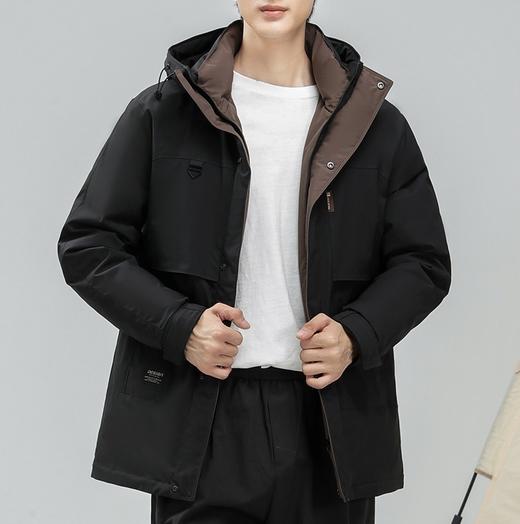 半身缘男装 冬季门襟下摆撞色防风保暖中长款连帽羽绒服2359 商品图0