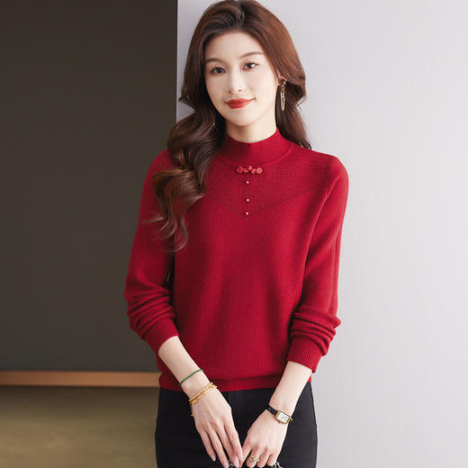 CC-MY-9333一体绒厚款打底衫女加绒冬季新款半高领钉珠中式盘扣毛衣 商品图2