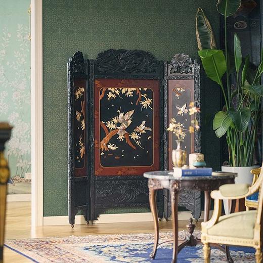 【已售】独角鹿西洋古董 20世纪初日本大正时期出品硬木镂雕「花卉飞鸟图」芝山镶嵌三曲屏风 商品图1