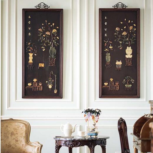 【已售】独角鹿西洋古董 20世纪初中国出品博古清供主题木胎百宝嵌挂屏一对 商品图0