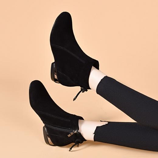 SYZM6880 真皮圆头低跟短靴2024年秋新款百搭单靴黑色瘦瘦靴绒面磨砂皮女靴 商品图3