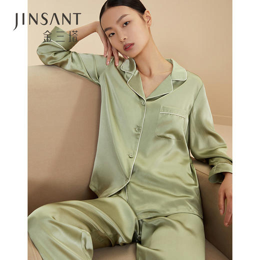 金三塔重磅真丝睡衣女长袖两件套100%桑蚕丝宽松可外穿丝绸家居服基础套装 YSF9B212（限价款） 商品图0