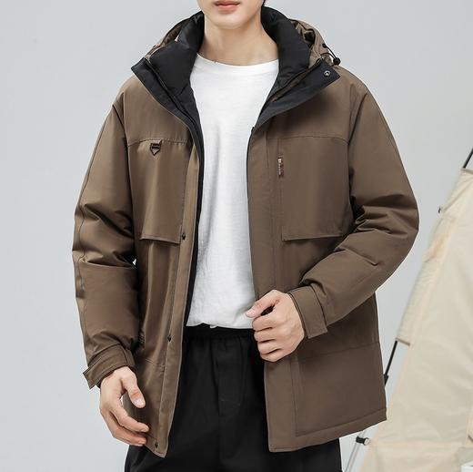 半身缘男装 冬季门襟下摆撞色防风保暖中长款连帽羽绒服2359 商品图1