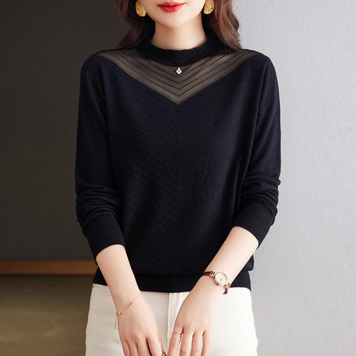 CC-tbrk-6899微透薄款镂空网纱羊毛针织长袖t恤2024秋新款短款百搭显瘦打底衫 商品图1