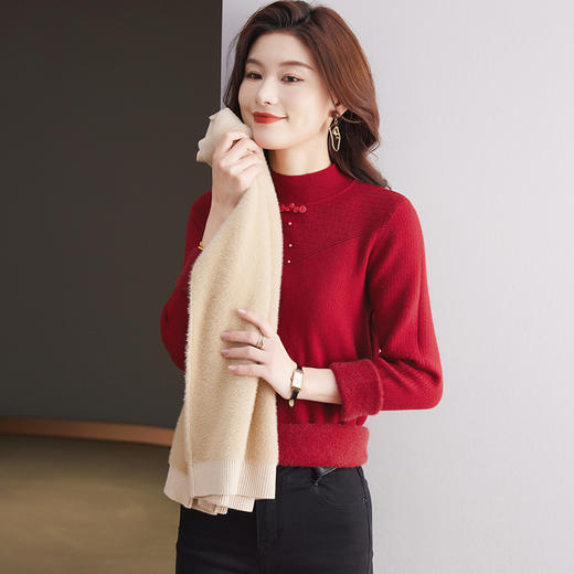 CC-MY-9333一体绒厚款打底衫女加绒冬季新款半高领钉珠中式盘扣毛衣 商品图0