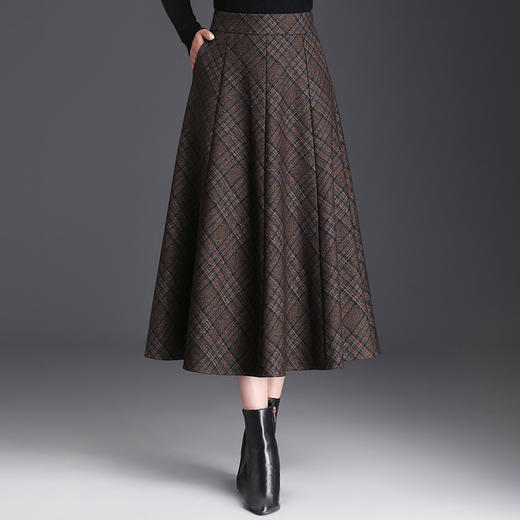 MYX-JYM-2480-L格纹中长款加厚毛呢大摆A字裙秋冬款通勤高腰遮胯显瘦时尚半身裙 商品图0