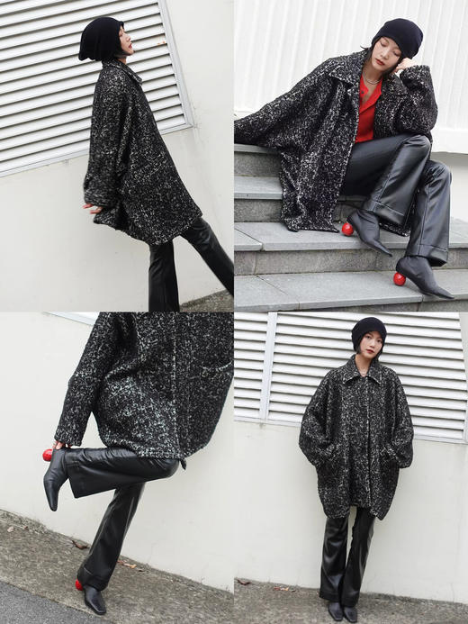 HIDEMI 【孟子义同款】极简大廓形伞状澳毛粗花呢花纱全羊毛翻领落肩厚款纽扣大衣 芝麻黑灰/奶油灰 商品图5