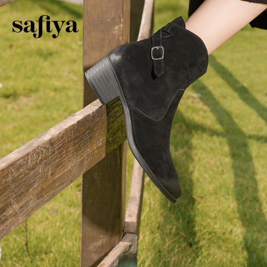 预售5天发|Safiya/索菲娅2024秋冬真皮侧拉链气质尖头粗跟英伦及踝短筒时装靴 SF44116128 商品图5