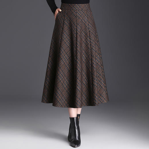MYX-JYM-2480-L格纹中长款加厚毛呢大摆A字裙秋冬款通勤高腰遮胯显瘦时尚半身裙 商品图6