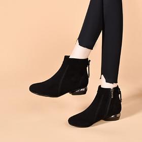 SYZM6880 真皮圆头低跟短靴2024年秋新款百搭单靴黑色瘦瘦靴绒面磨砂皮女靴