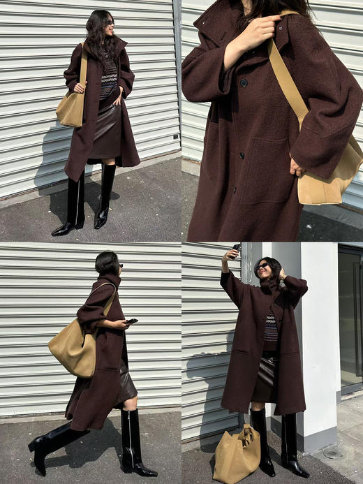 HIDEMI 【董生活同款】超显瘦中腰款可再生蛋白皮环保皮水洗做旧感立裁半身裙a字短裙皮裙 黑色/深棕色 商品图3