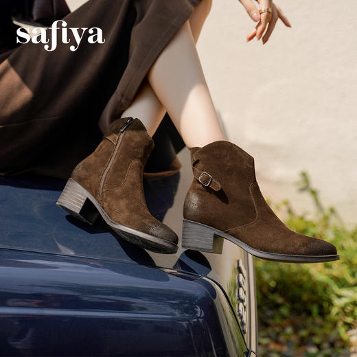 预售5天发|Safiya/索菲娅2024秋冬真皮侧拉链气质尖头粗跟英伦及踝短筒时装靴 SF44116128 商品图2