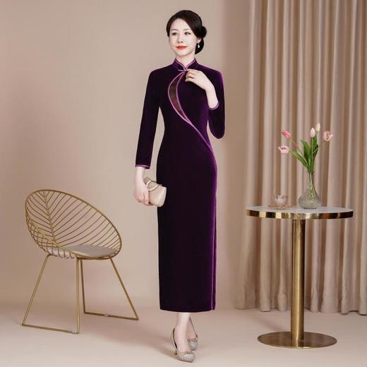 HYX-24-7873新款修身改良丝绒旗袍裙大码喜妈妈婚宴礼服长款喜婆婆红色 商品图0