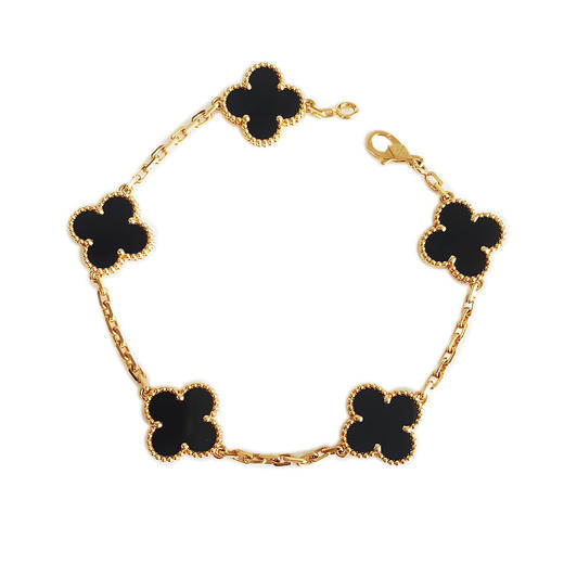 【95新】VCA梵克雅宝Vintage Alhambra系列VCARA41300 18K黄金镶黑玛瑙四叶草黑五花手链链长约19cm女士现售价：28300！021124NJS07 商品图0