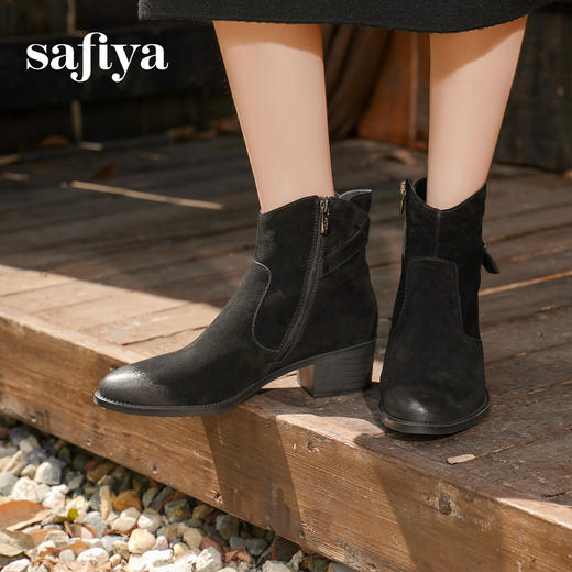 预售5天发|Safiya/索菲娅2024秋冬真皮侧拉链气质尖头粗跟英伦及踝短筒时装靴 SF44116128 商品图6