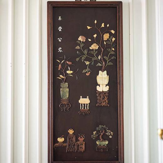 【已售】独角鹿西洋古董 20世纪初中国出品博古清供主题木胎百宝嵌挂屏一对 商品图1