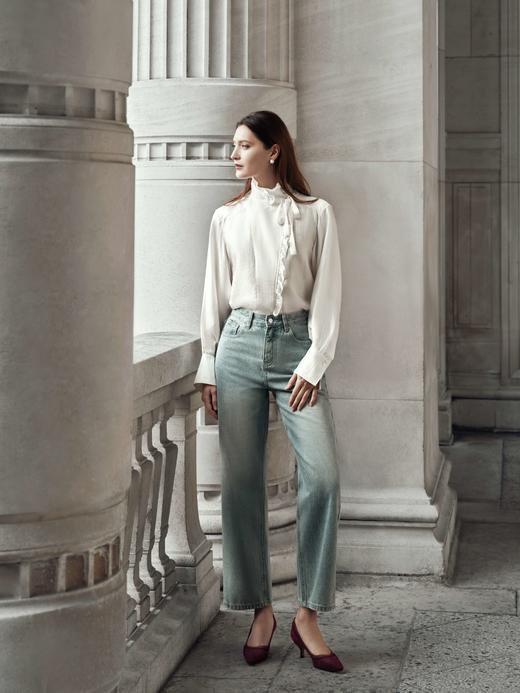 MaisonQiXin CC231201 法式宫廷木耳边立领真丝衬衫 P230101   MaisonQiXin 经典直筒牛仔百搭神裤 商品图2