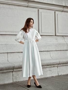 MaisonQiXin R240407     百褶灯笼袖收腰衬衫裙